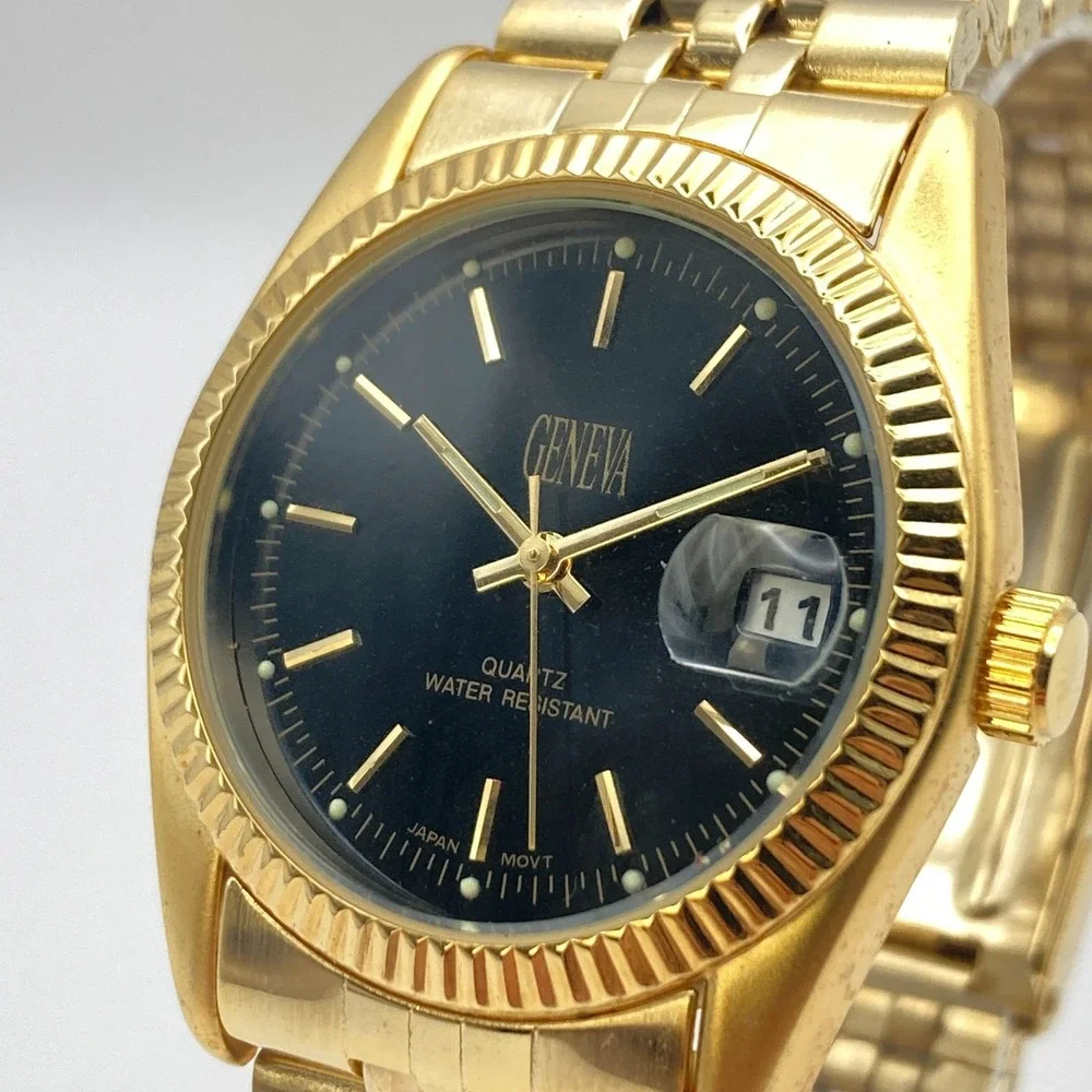 Geneva Men's Dress Watch 35mm Gold Tone Black Dial Date Bubble New Battery 7.75
